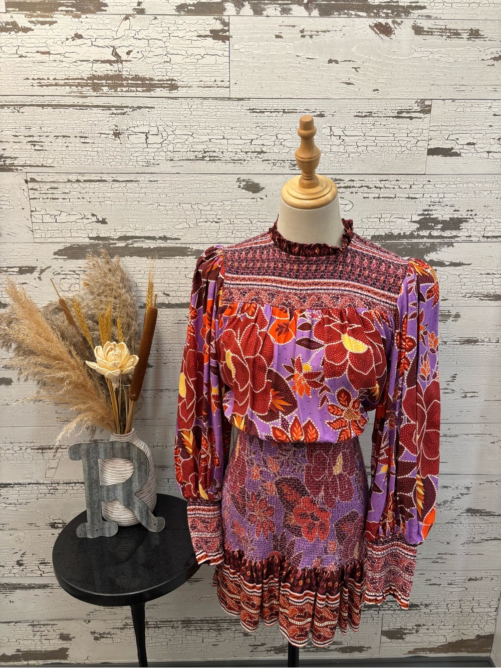 FARM Rio Purple and Red Floral Smocked Long-Sleeve Dress